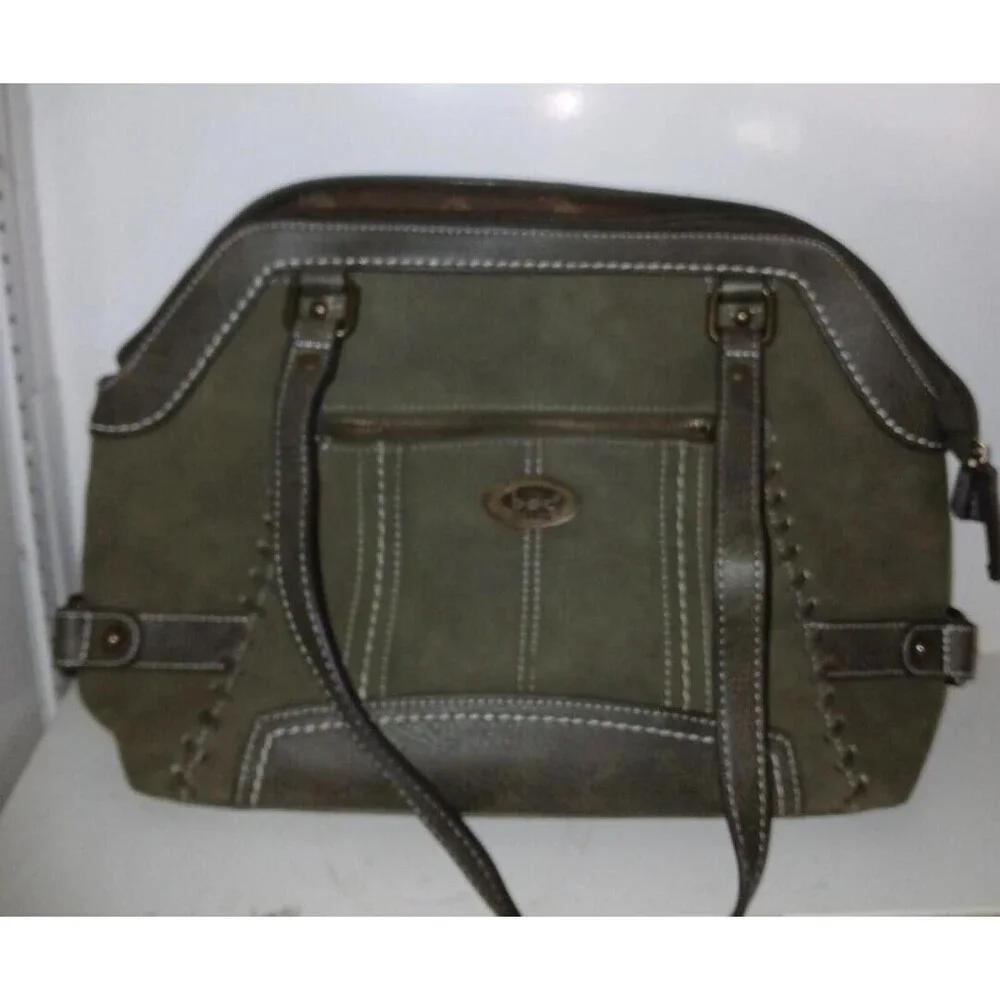 Olive Green Faux Leather Handbag with Front Pocket and Adjustable Straps